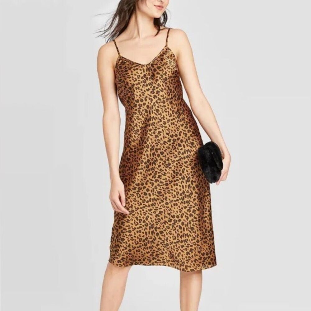 LIKE NEW Brown Leopard Print Sz XL Adjustable Straps Silky Slip Dress A NEW DAY